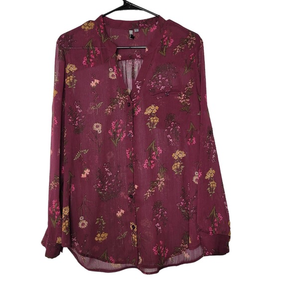 Kut from the Kloth Tops - Kut from the Kloth Maroon Wine Sheer Roll Tab Long Sleeve Button Front Blouse